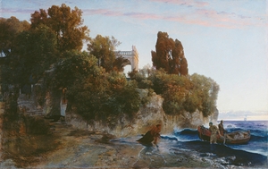 Castle by the Sea & Murder in the Castle Garden [1859] by Arnold Böcklin [1827–1901]